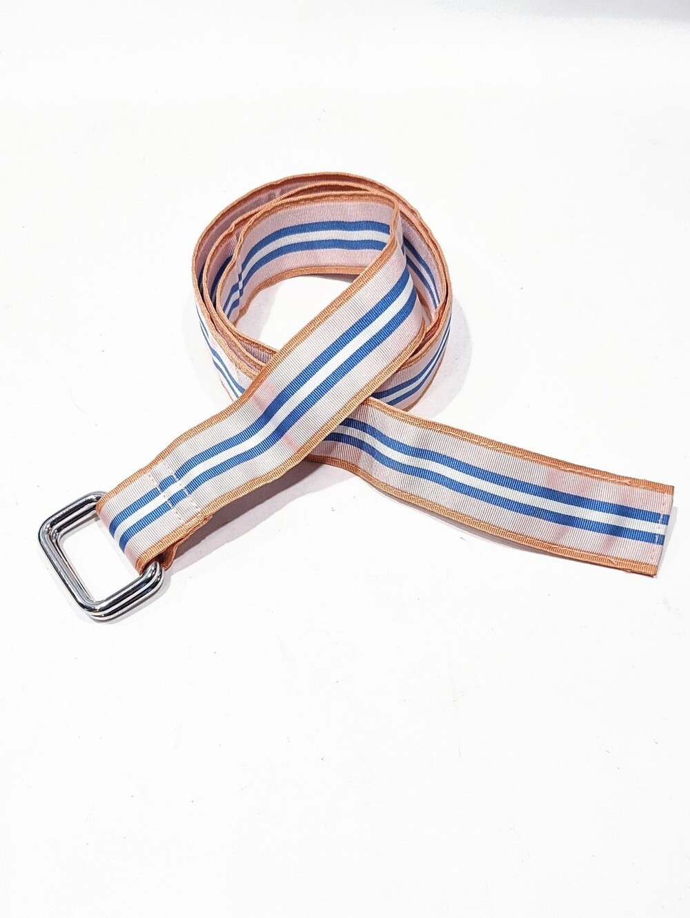 Brooks Brothers "346" Striped Ribbon D-Ring Belt Orange Pink Blue Size L 38"-40"